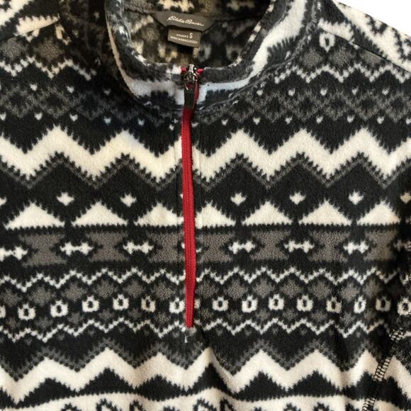 Eddie Bauer Sweater Women's Sz S Fleece Nordic Fair isle Black White Quarter Zip - Picture 4 of 7